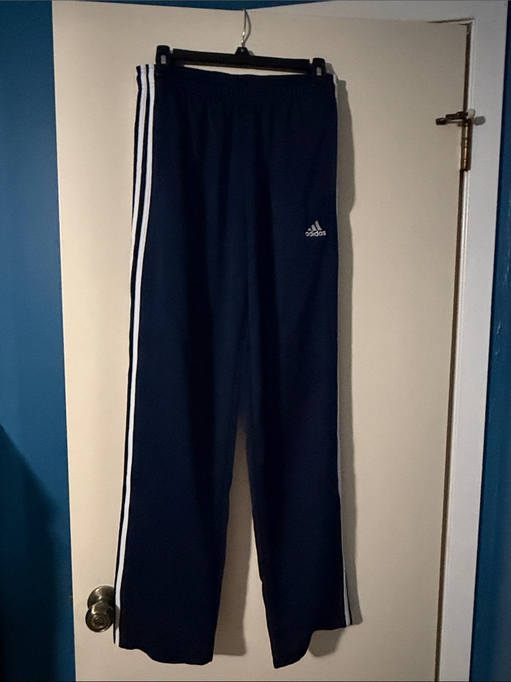 adidas Navy Blue tricot Track Pants with White Side Stripes M